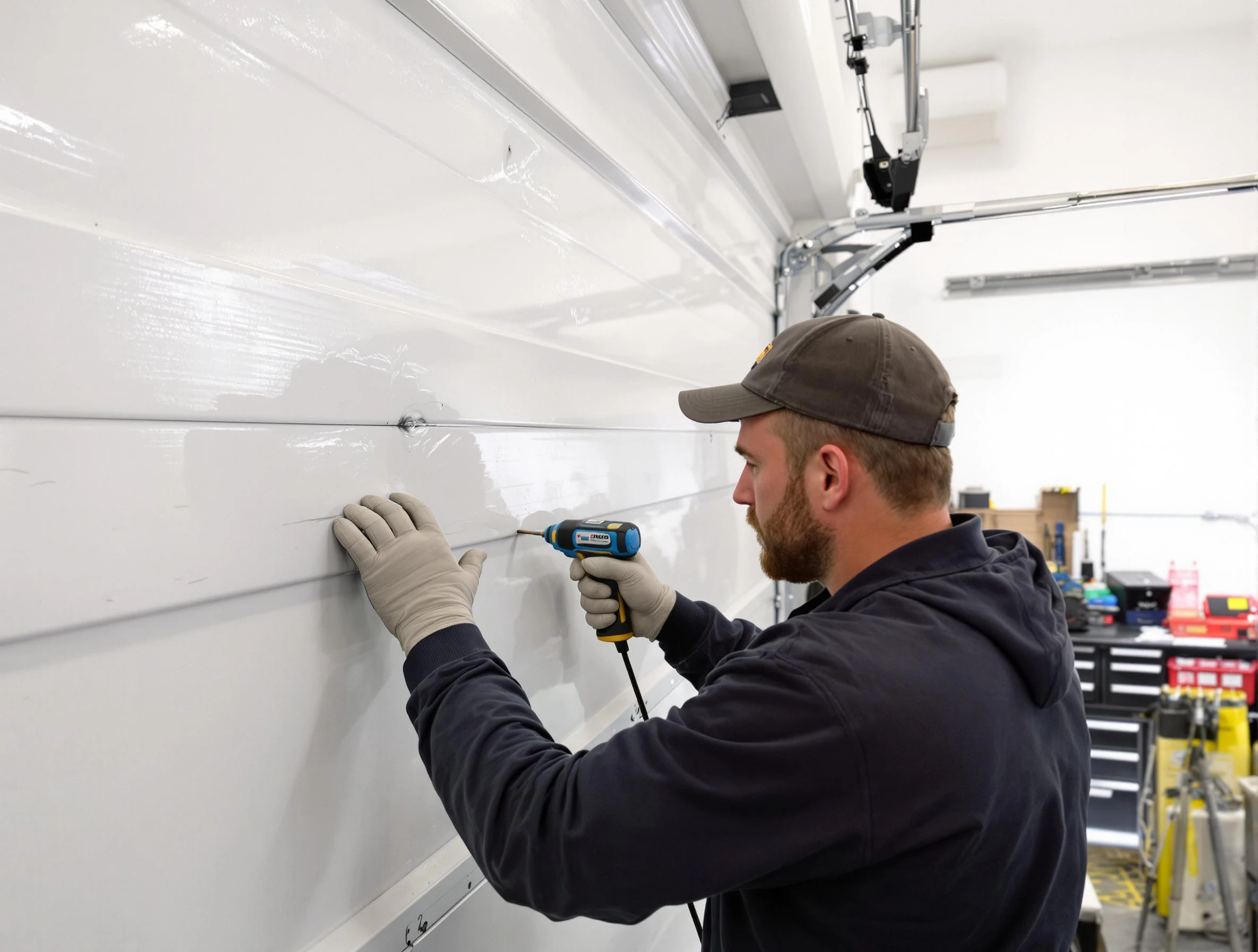 Anthem Garage Door Repair technician demonstrating precision dent removal techniques on a Anthem garage door